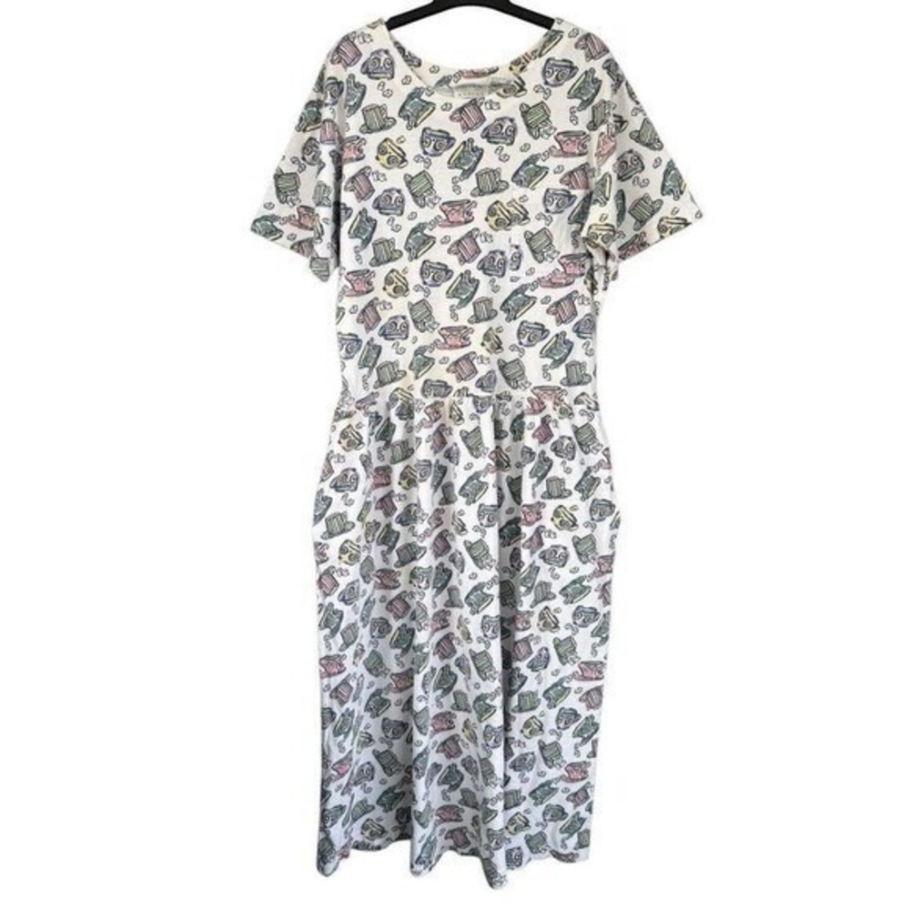 T1 Preview Basics Dress Teacup Print Drop Waist 90s Vintage Cotton Pockets